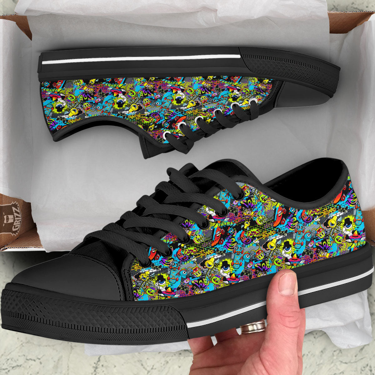 Graffiti Funky Print Pattern Black Low Top Shoes-grizzshop