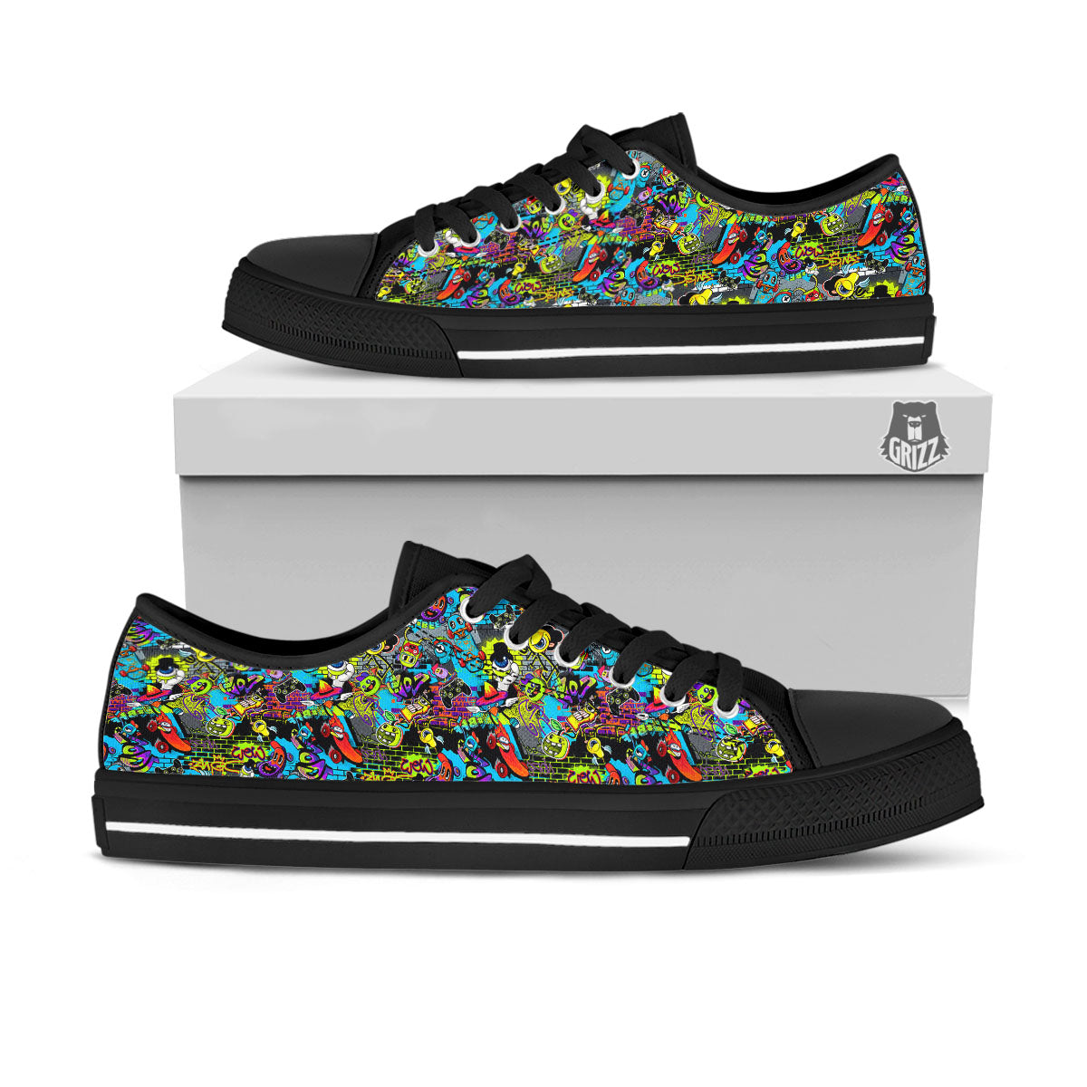 Graffiti Funky Print Pattern Black Low Top Shoes-grizzshop