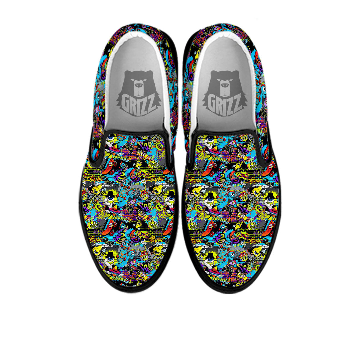 Graffiti Funky Print Pattern Black Slip On Shoes-grizzshop