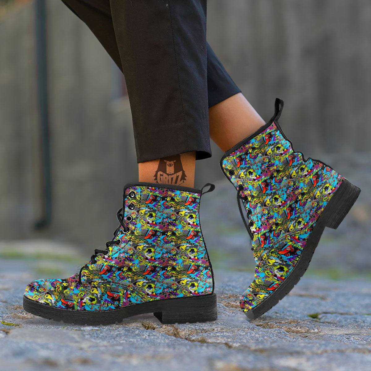 Graffiti Funky Print Pattern Leather Boots-grizzshop