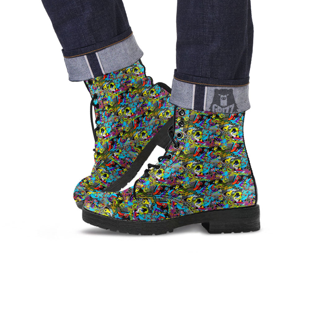 Graffiti Funky Print Pattern Leather Boots-grizzshop