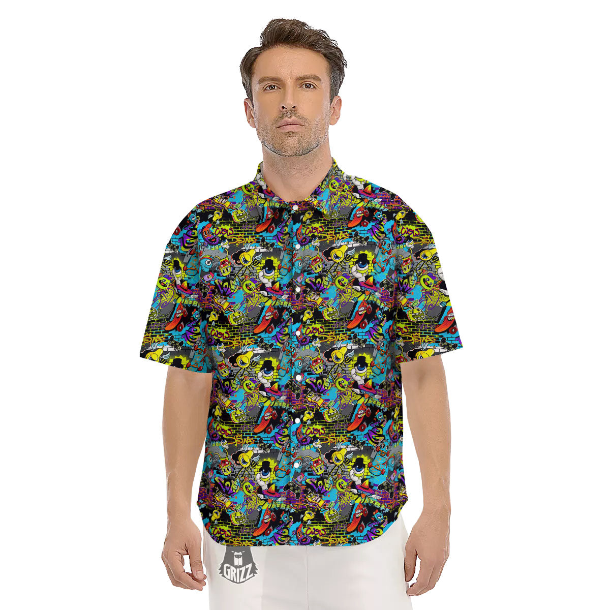 Graffiti Funky Print Pattern Men's Short Sleeve Shirts-grizzshop