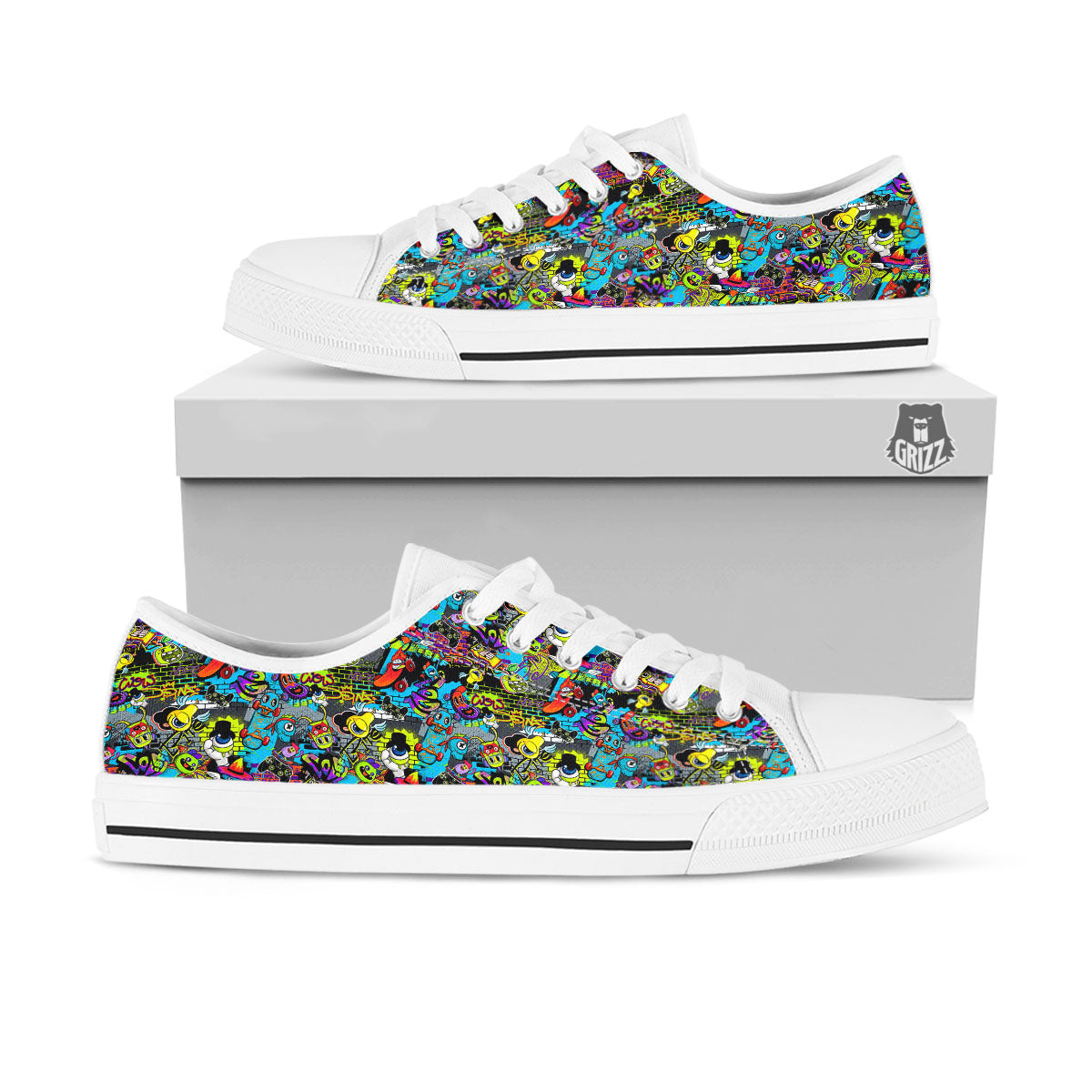 Graffiti Funky Print Pattern White Low Top Shoes-grizzshop