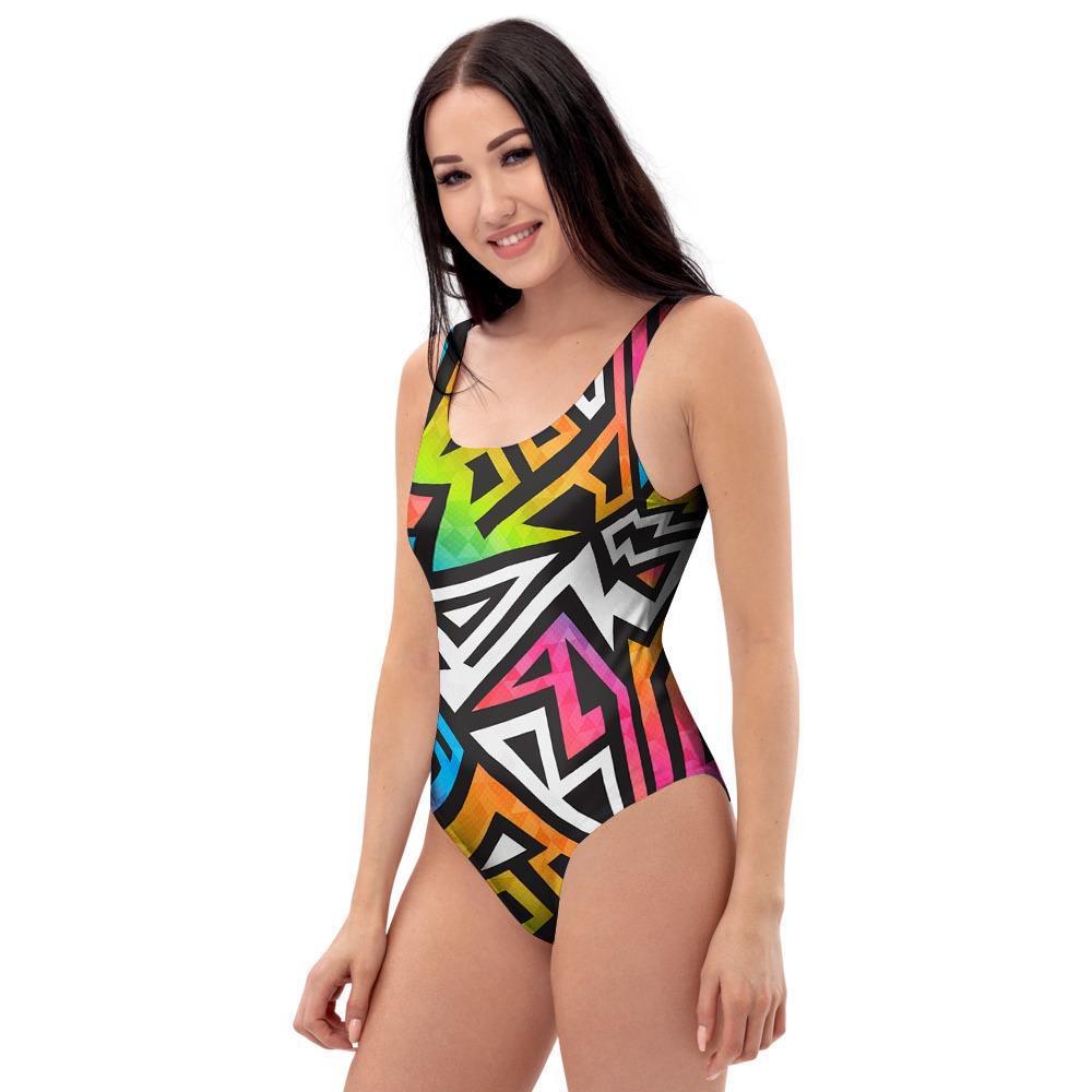 Graffiti Geometric Abstract One Piece Swimsuite-grizzshop