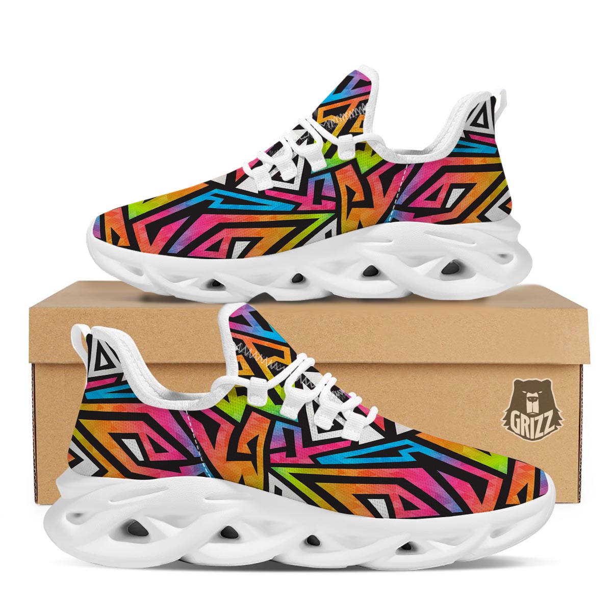 Graffiti Geometric Abstract White Running Shoes-grizzshop