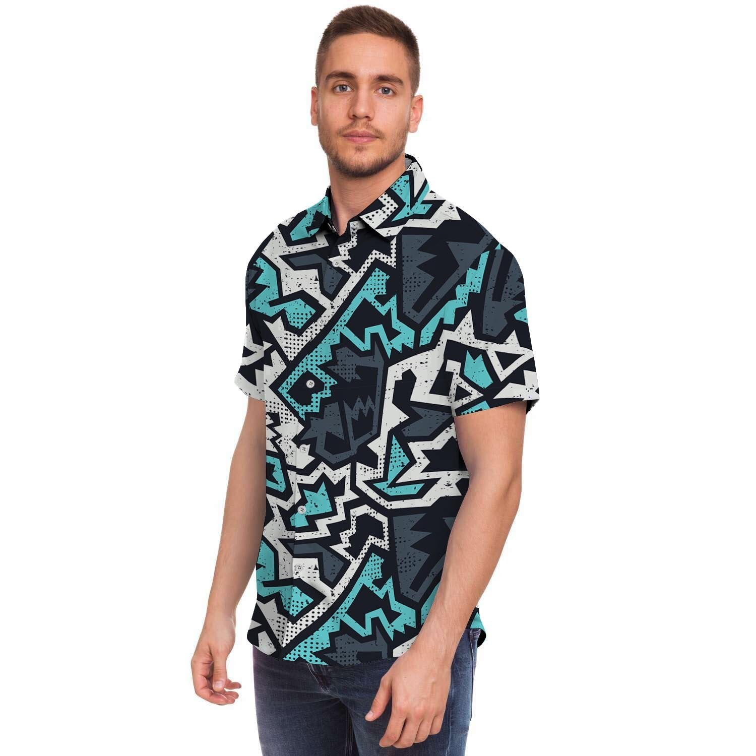 Graffiti Geometric Print Men's Short Sleeve Shirt-grizzshop