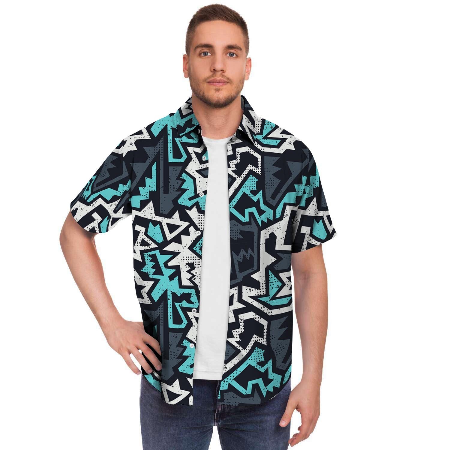 Graffiti Geometric Print Men's Short Sleeve Shirt-grizzshop