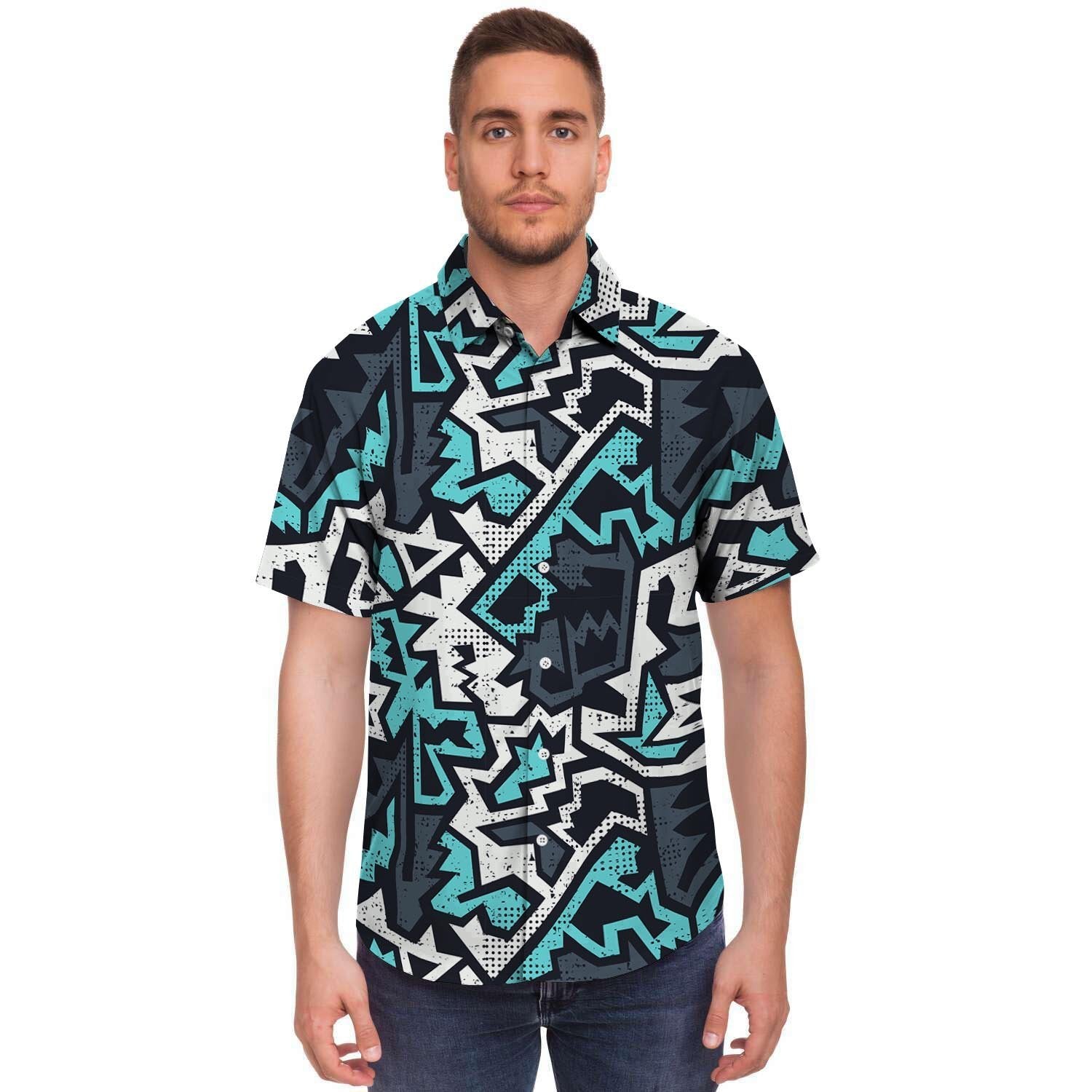 Graffiti Geometric Print Men's Short Sleeve Shirt-grizzshop