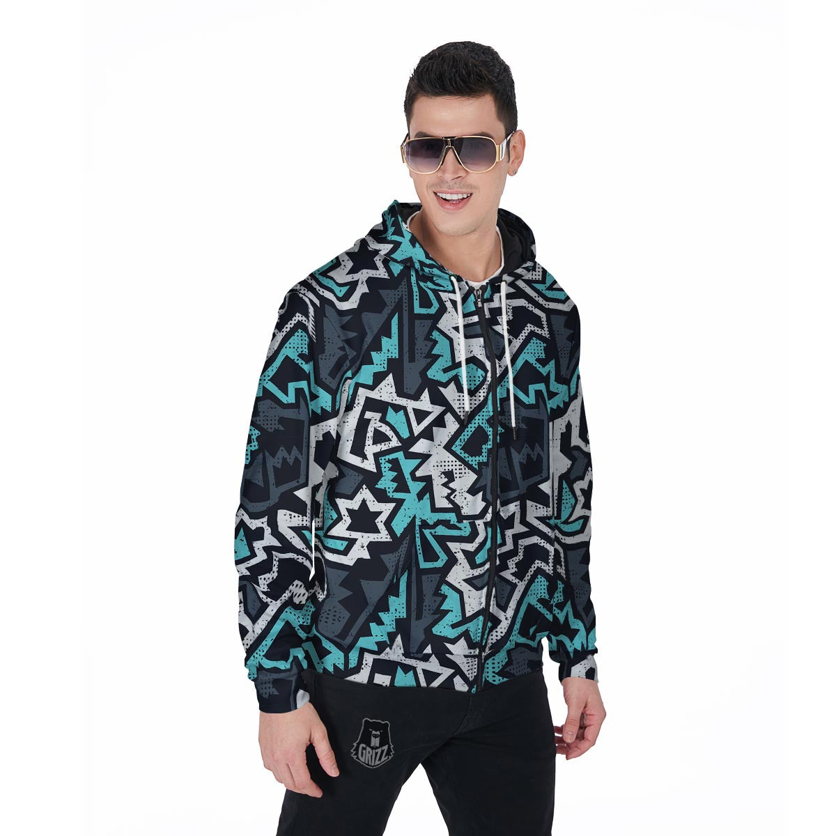 Graffiti Geometric Print Men's Zip Up Hoodie-grizzshop