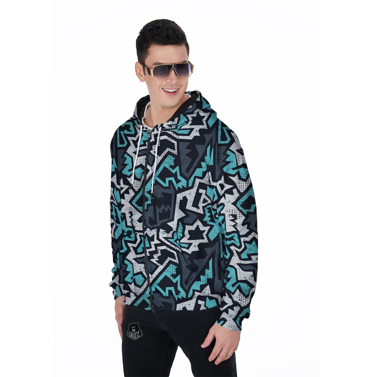 Graffiti Geometric Print Men's Zip Up Hoodie-grizzshop