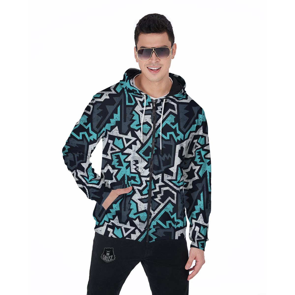 Graffiti Geometric Print Men's Zip Up Hoodie-grizzshop