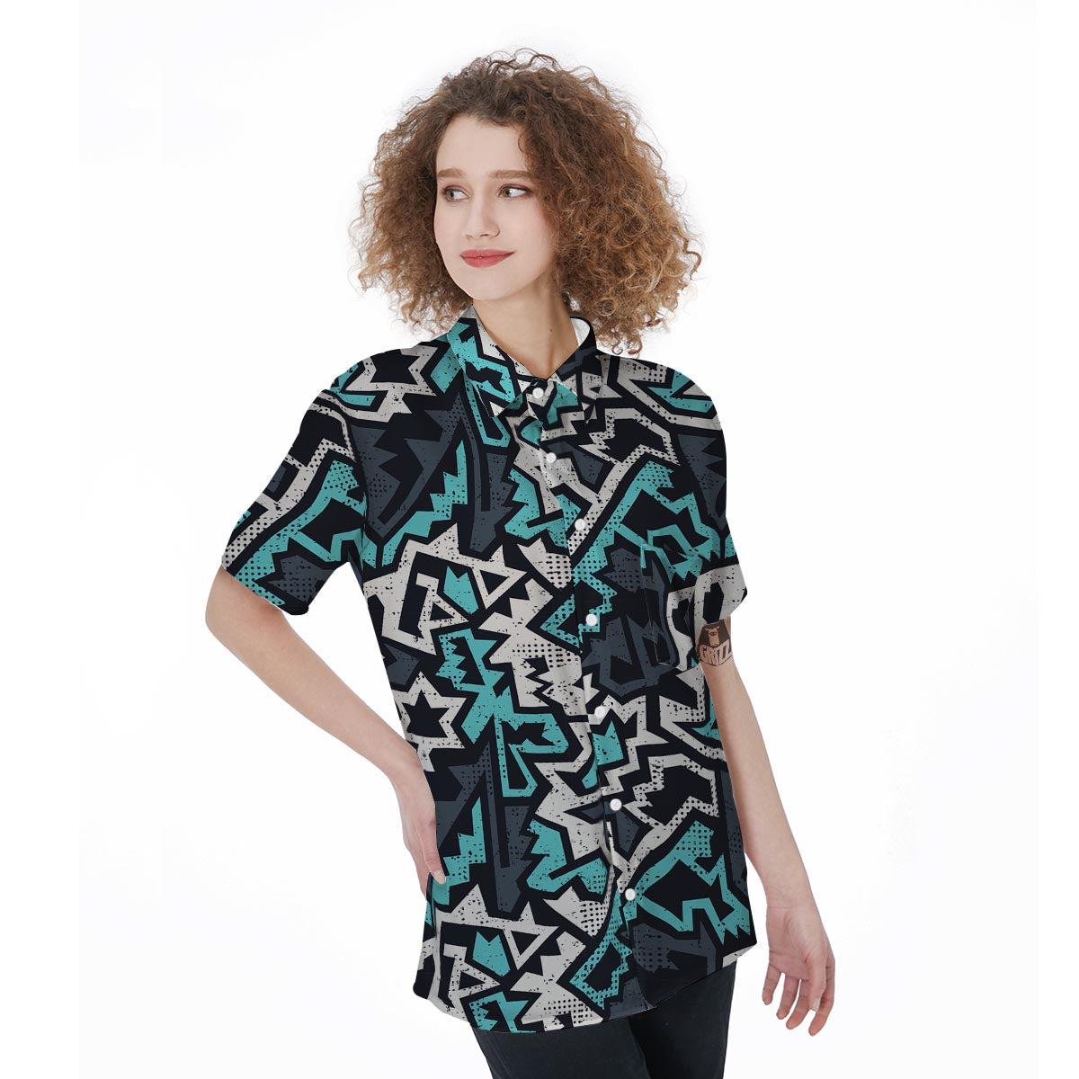 Graffiti Geometric Print Women's Short Sleeve Shirts-grizzshop