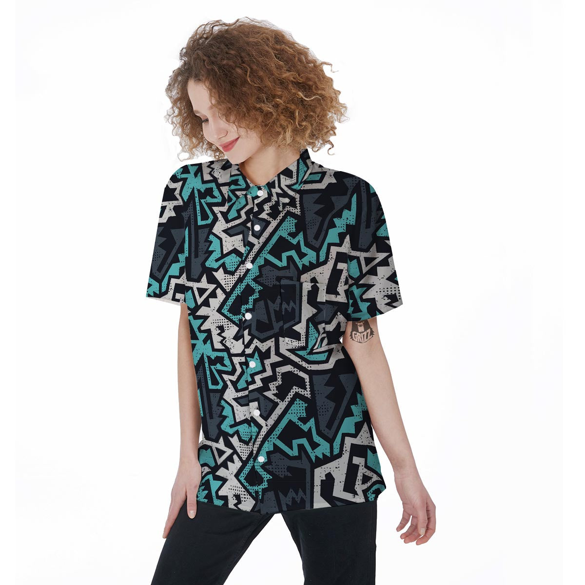 Graffiti Geometric Print Women's Short Sleeve Shirts-grizzshop