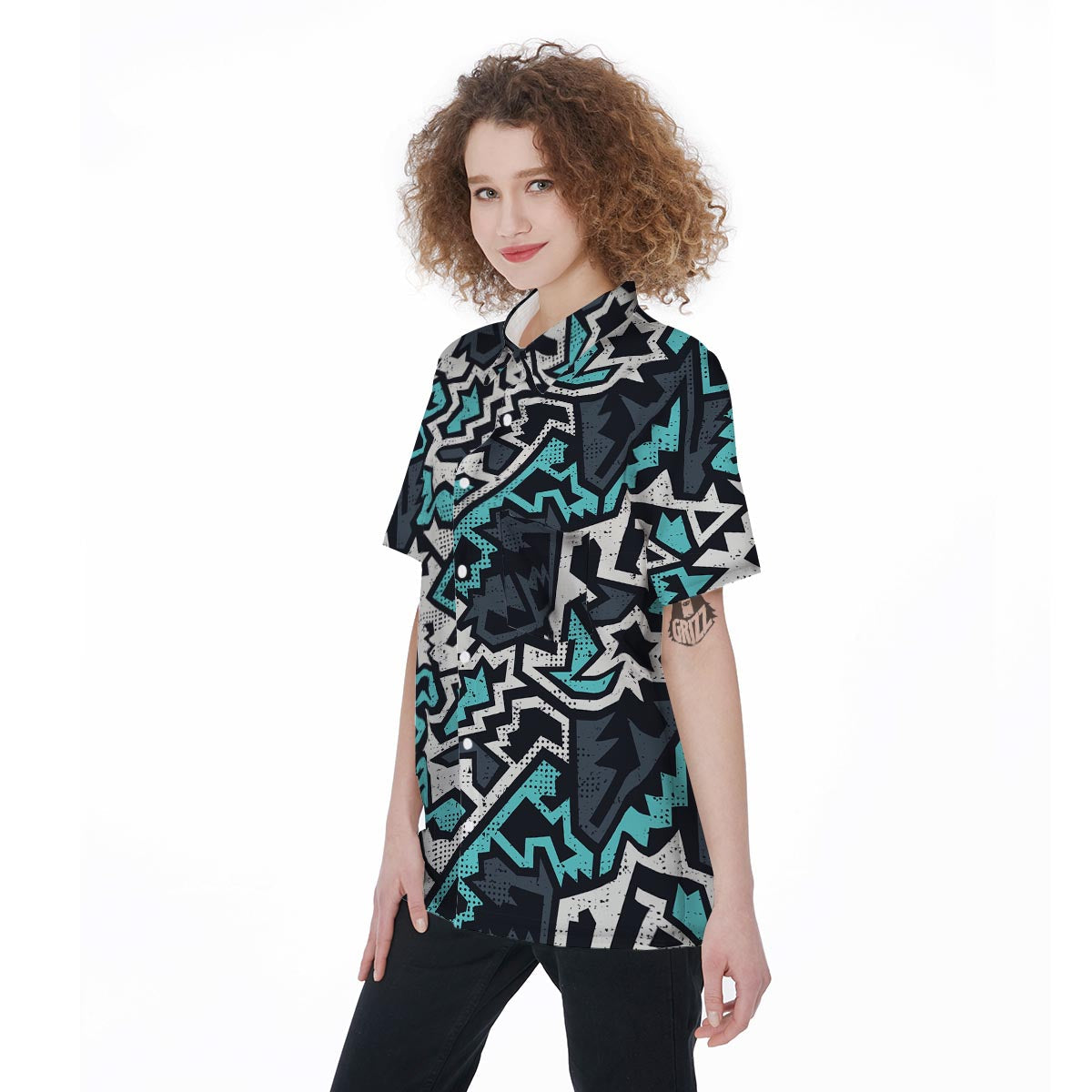 Graffiti Geometric Print Women's Short Sleeve Shirts-grizzshop