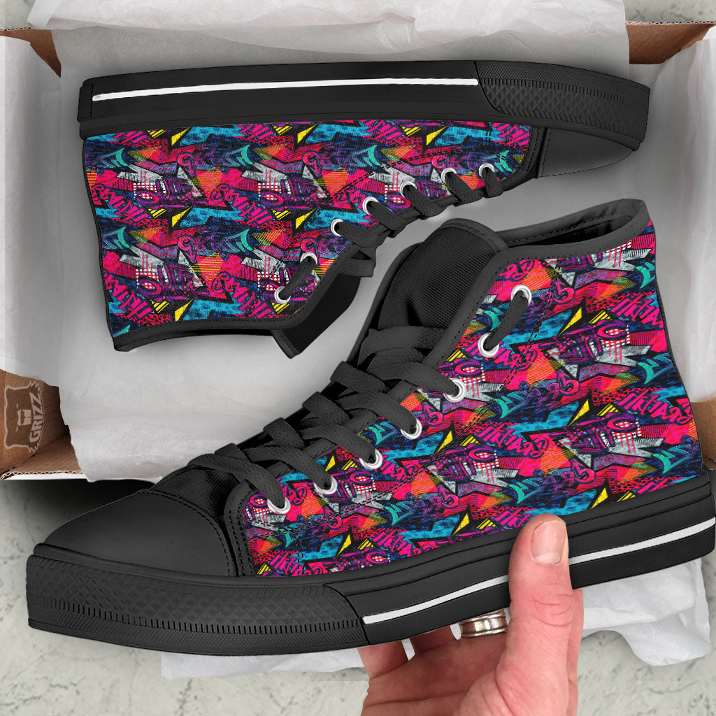 Graffiti Grunge Print Pattern Black High Top Shoes-grizzshop