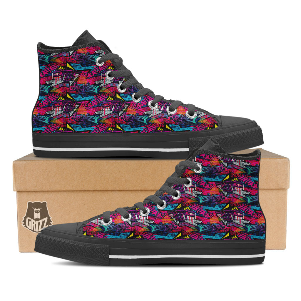 Graffiti Grunge Print Pattern Black High Top Shoes-grizzshop