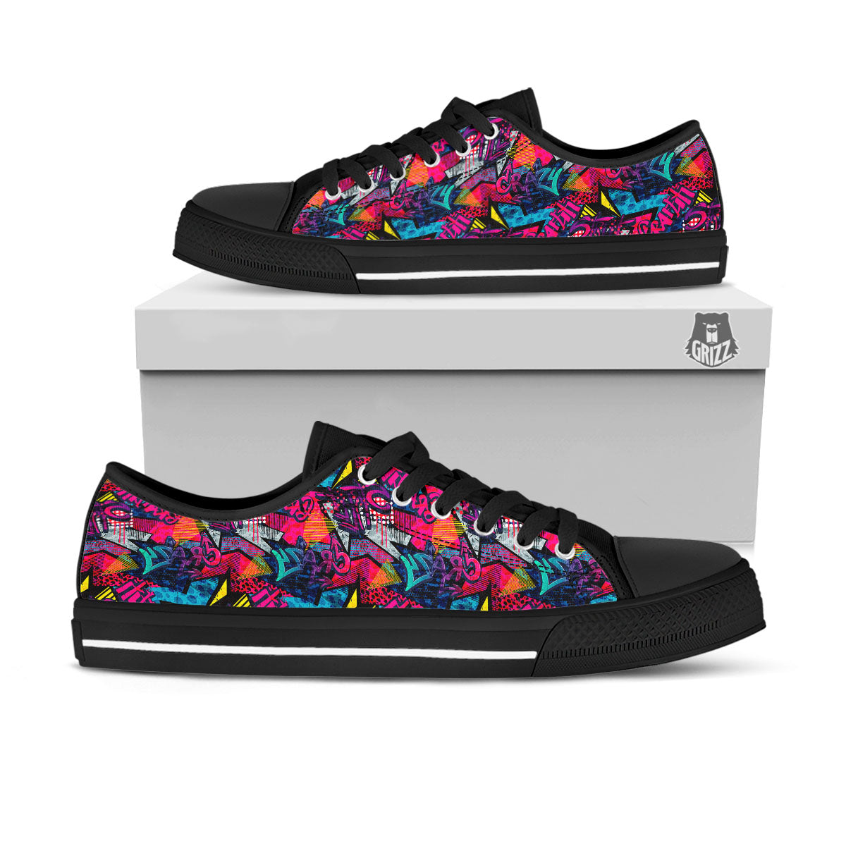 Graffiti Grunge Print Pattern Black Low Top Shoes-grizzshop