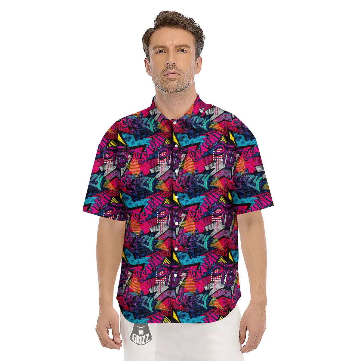 Graffiti Grunge Print Pattern Men's Short Sleeve Shirts-grizzshop