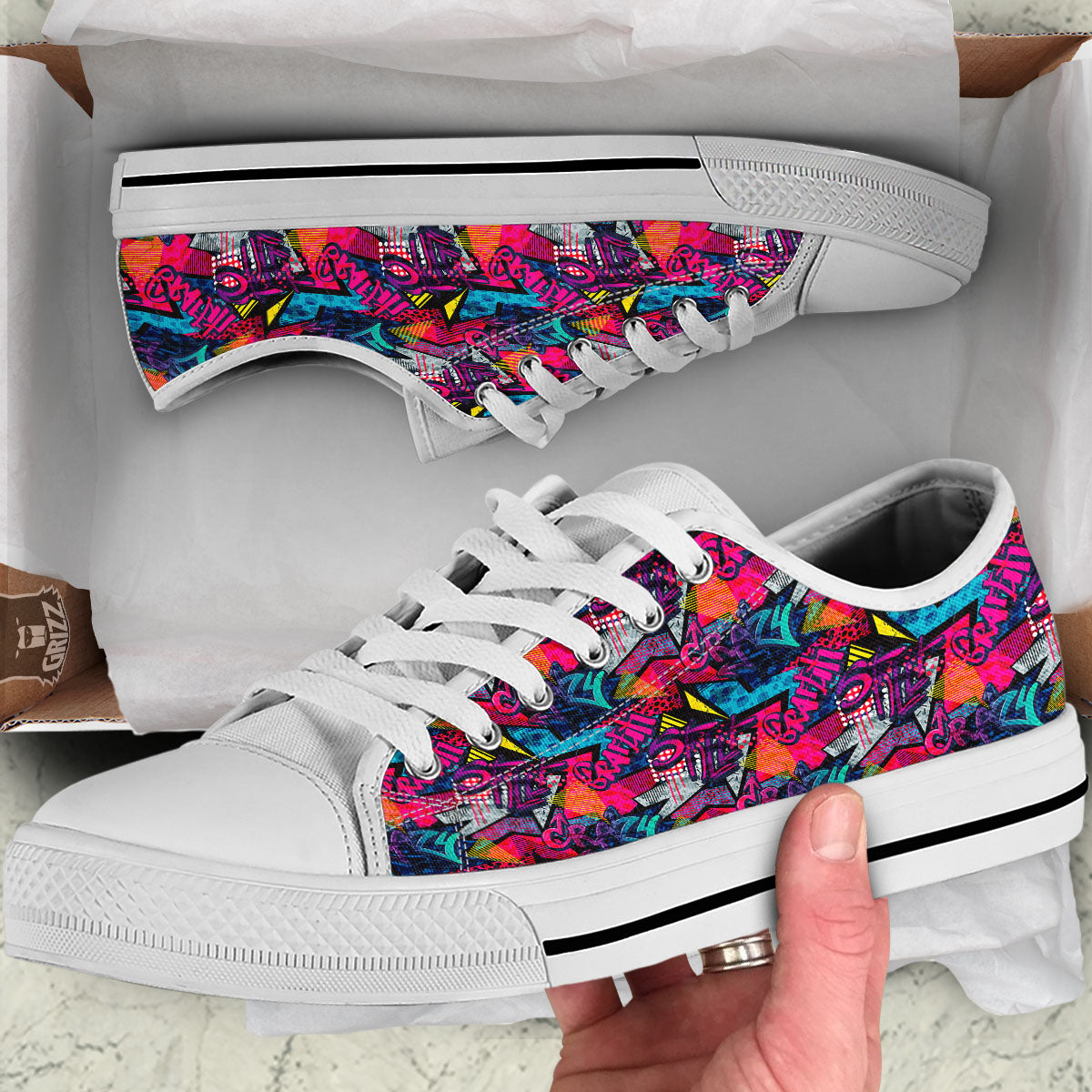Graffiti Grunge Print Pattern White Low Top Shoes-grizzshop