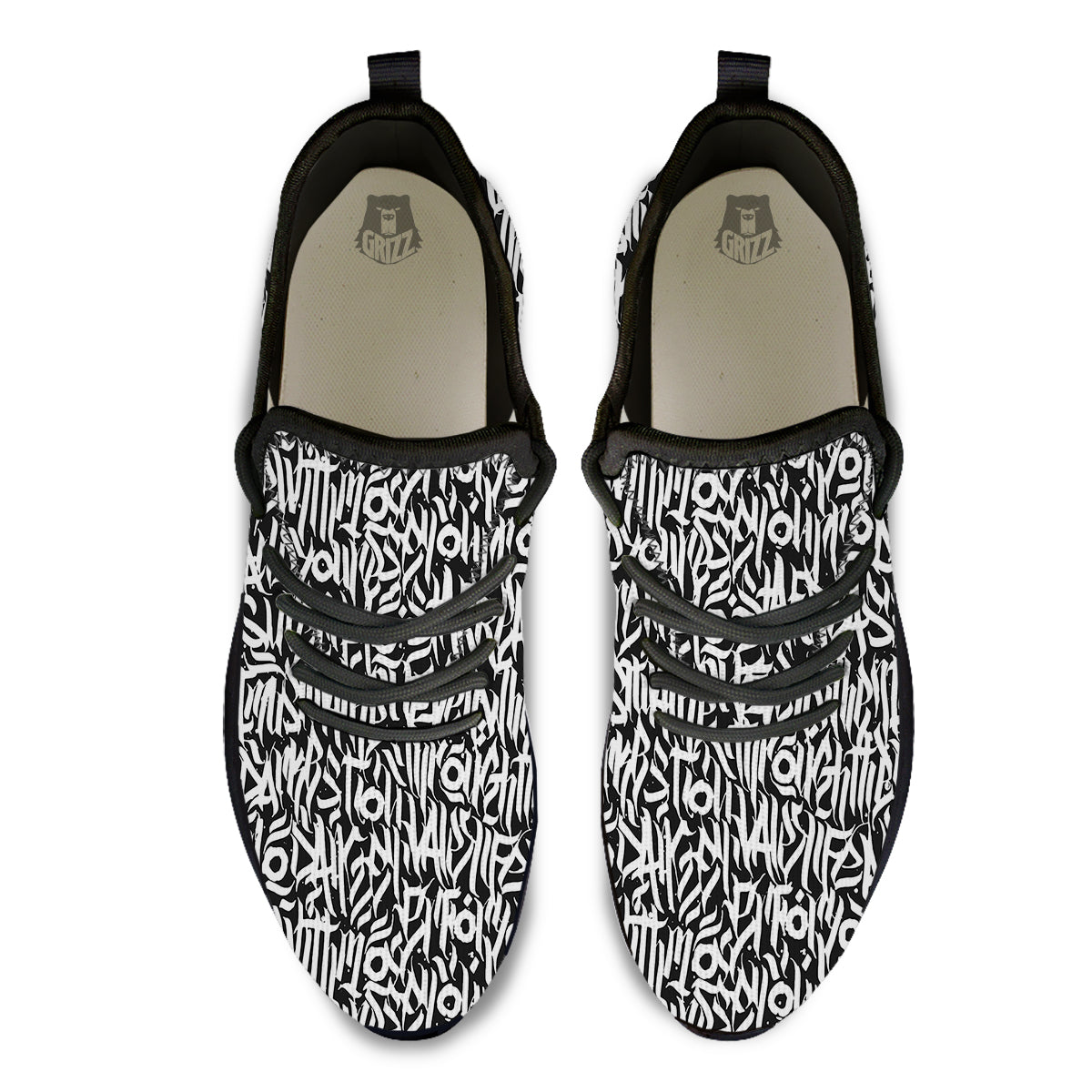 Graffiti Grunge White Text Abstract Print Black Athletic Shoes-grizzshop