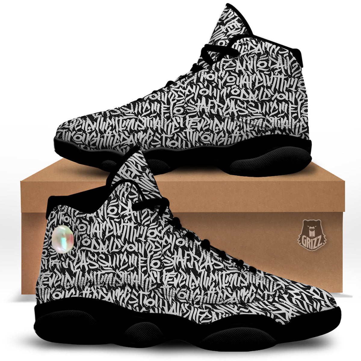 Graffiti Grunge White Text Abstract Print Black Basketball Shoes-grizzshop