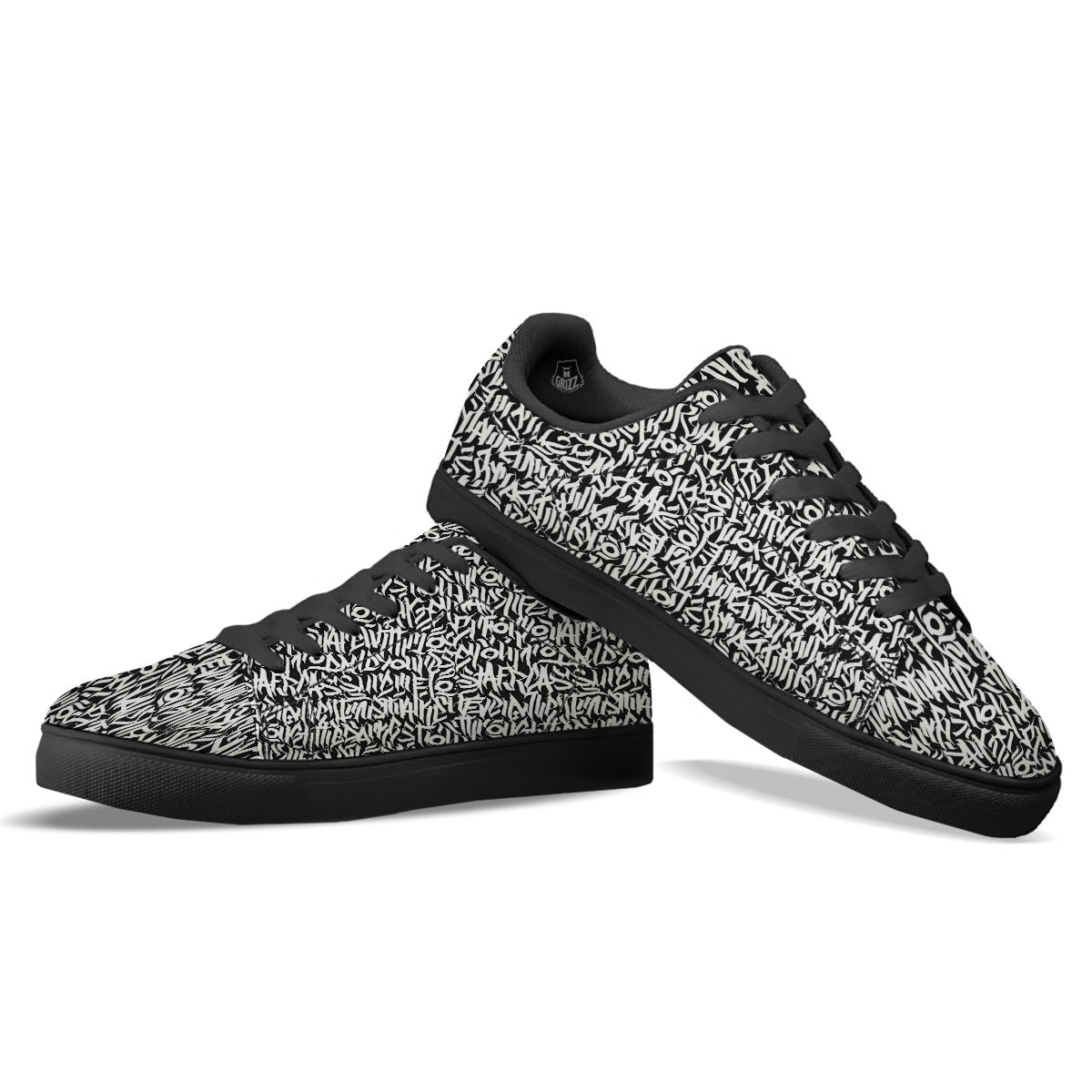 Graffiti Grunge White Text Abstract Print Black Low Top Sneakers-grizzshop
