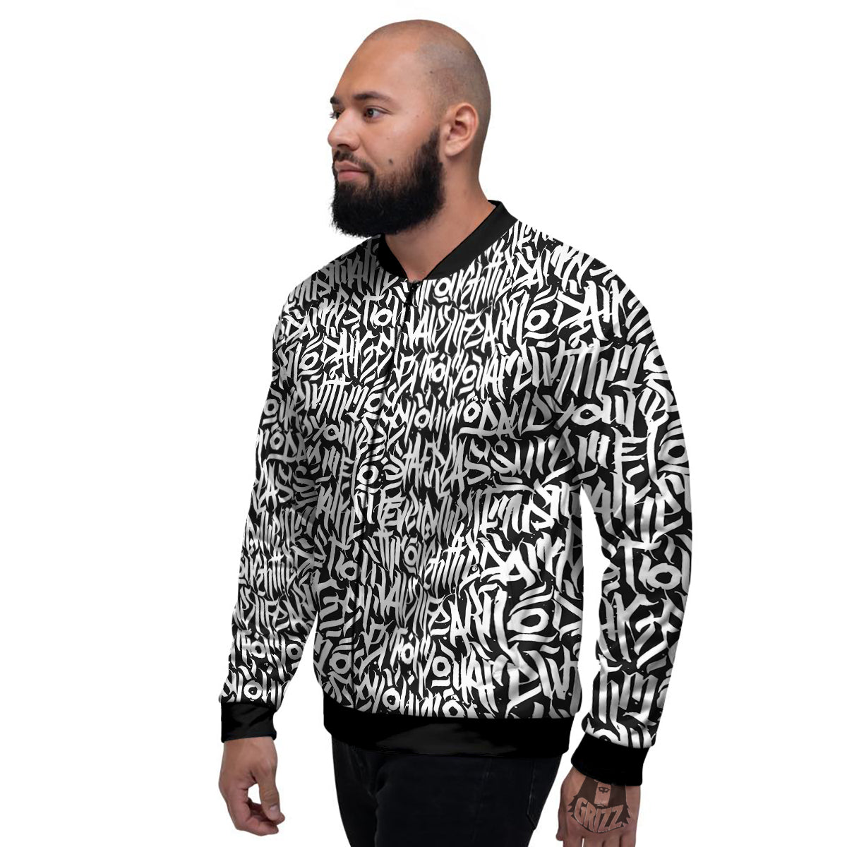 Graffiti Grunge White Text Abstract Print Men's Bomber Jacket-grizzshop