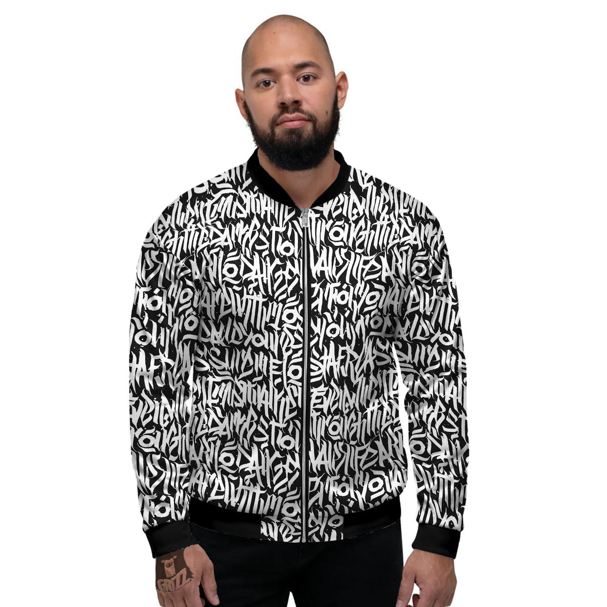 Graffiti Grunge White Text Abstract Print Men's Bomber Jacket-grizzshop