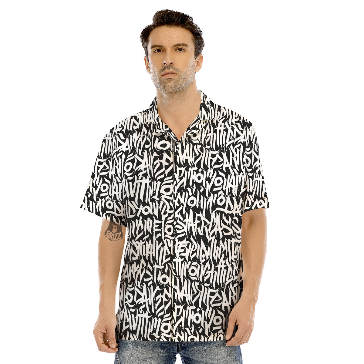 Graffiti Grunge White Text Abstract Print Men's Hawaiian Shirt-grizzshop