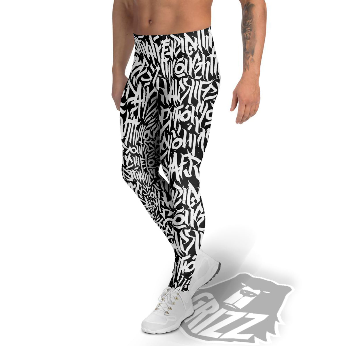 Graffiti Grunge White Text Abstract Print Men's Leggings-grizzshop