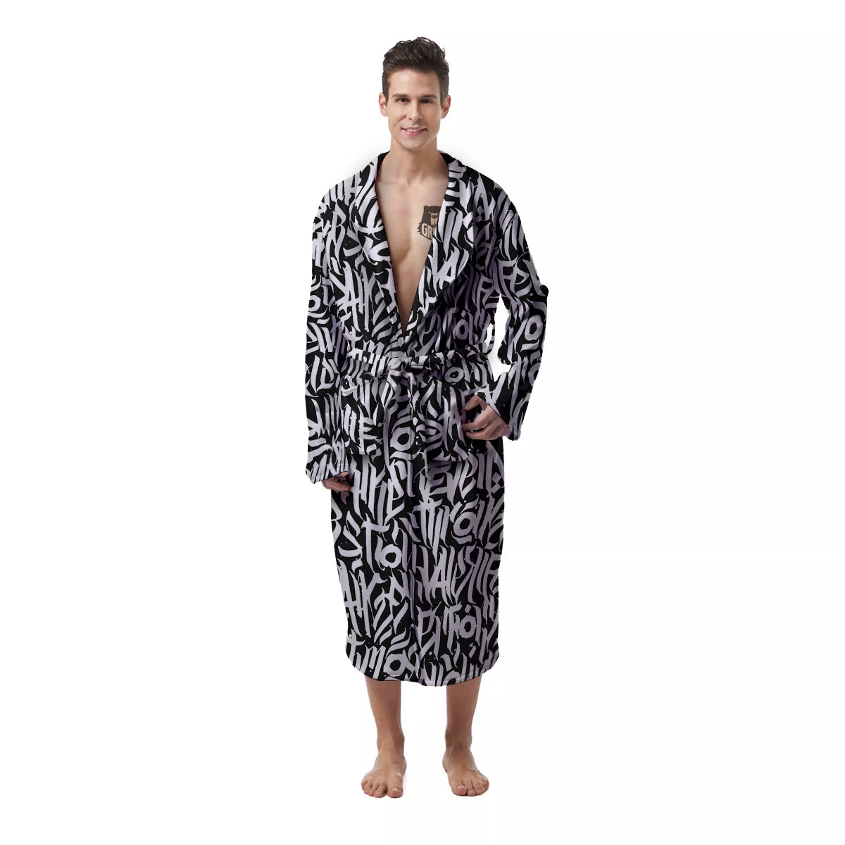 Graffiti Grunge White Text Abstract Print Men's Robe-grizzshop