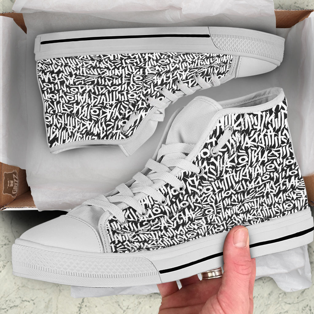 Graffiti Grunge White Text Abstract Print White High Top Shoes-grizzshop