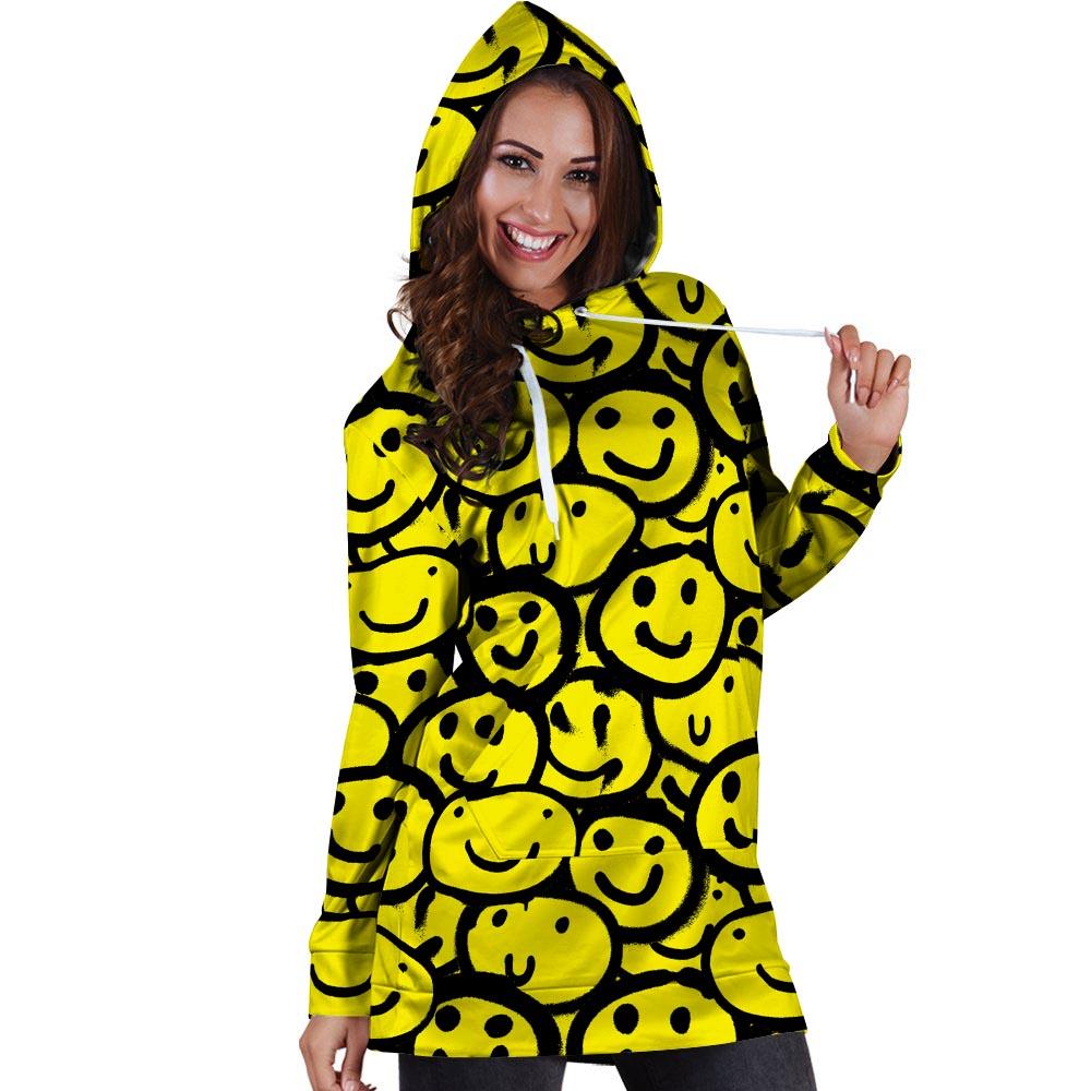 Graffiti Happy Emoji Print Hoodie Dress-grizzshop