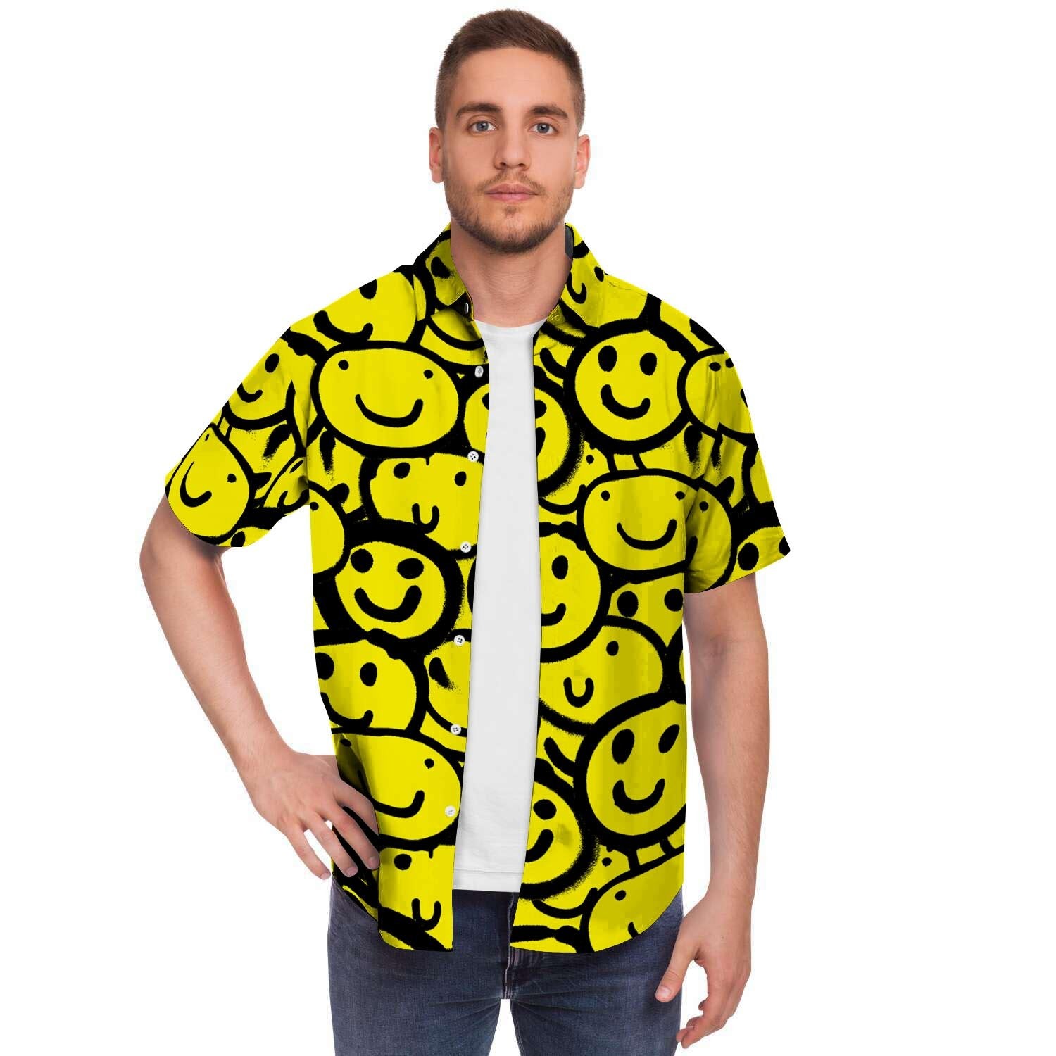 Graffiti Happy Emoji Print Men's Short Sleeve Shirt-grizzshop