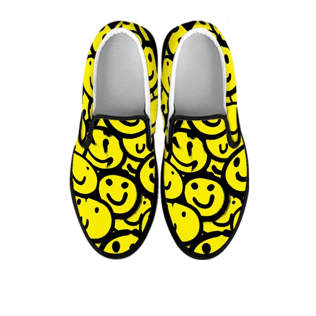 Graffiti Happy Emoji Print Men's Slip On Sneakers-grizzshop