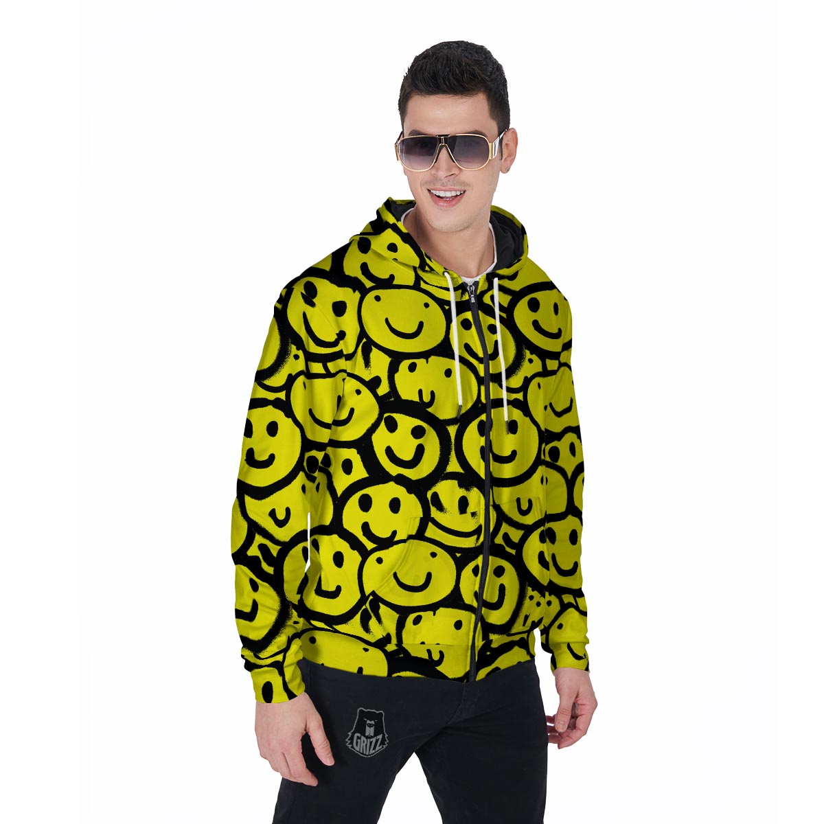 Graffiti Happy Emoji Print Men's Zip Up Hoodie-grizzshop