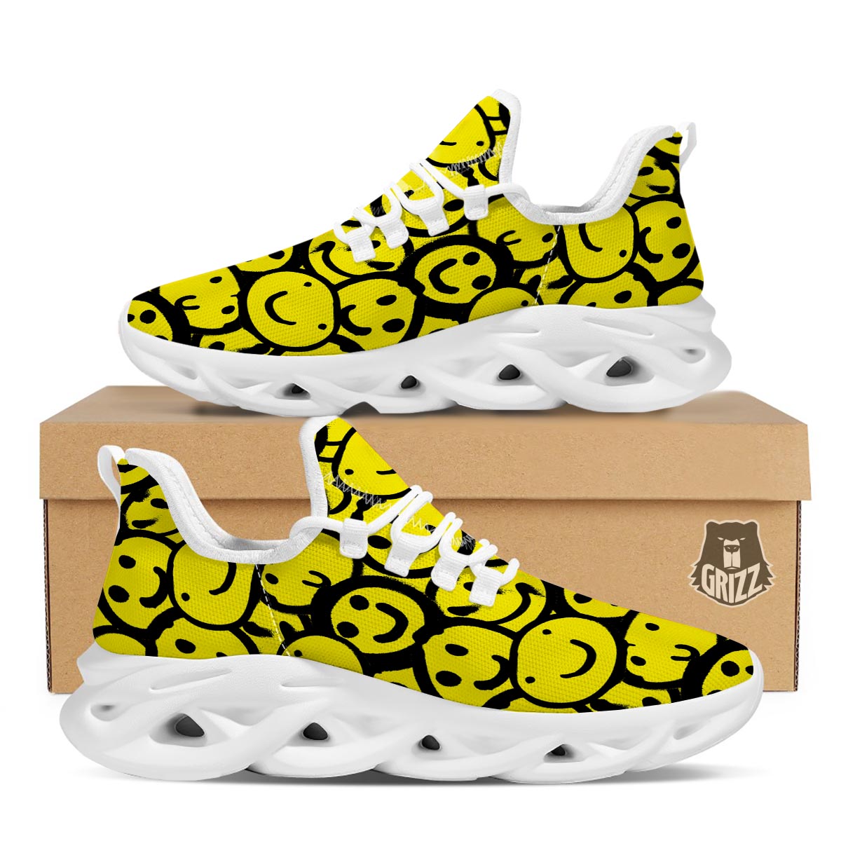Graffiti Happy Emoji Print White Running Shoes-grizzshop