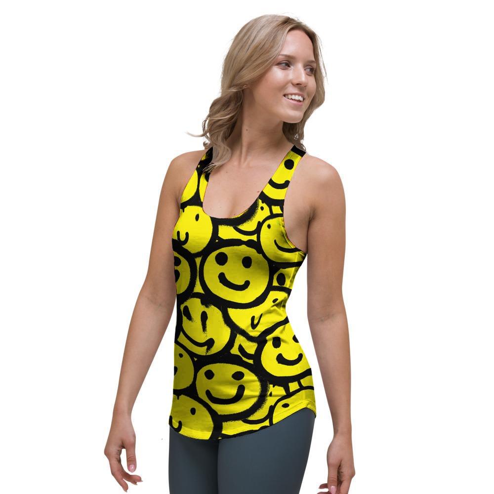 Graffiti Happy Emoji Print Women's Racerback Tank Top-grizzshop