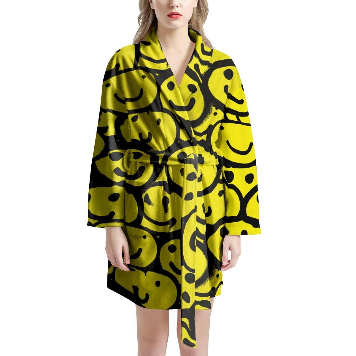 Graffiti Happy Emoji Print Women's Robe-grizzshop