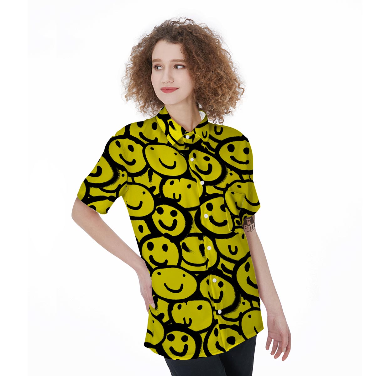 Graffiti Happy Emoji Print Women's Short Sleeve Shirts-grizzshop