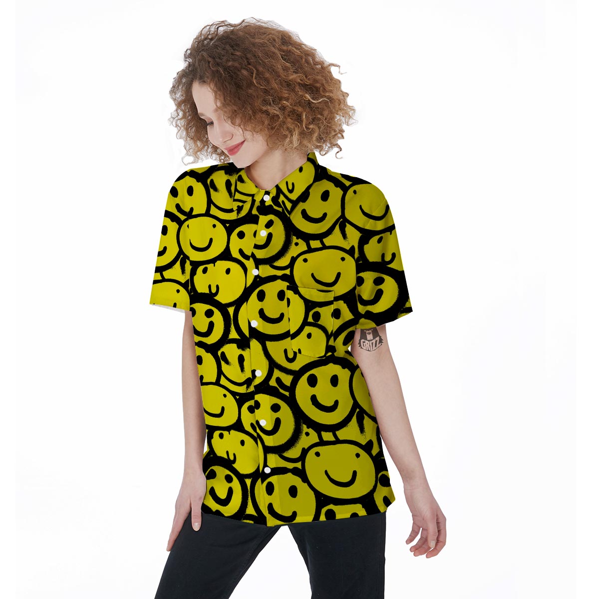 Graffiti Happy Emoji Print Women's Short Sleeve Shirts-grizzshop