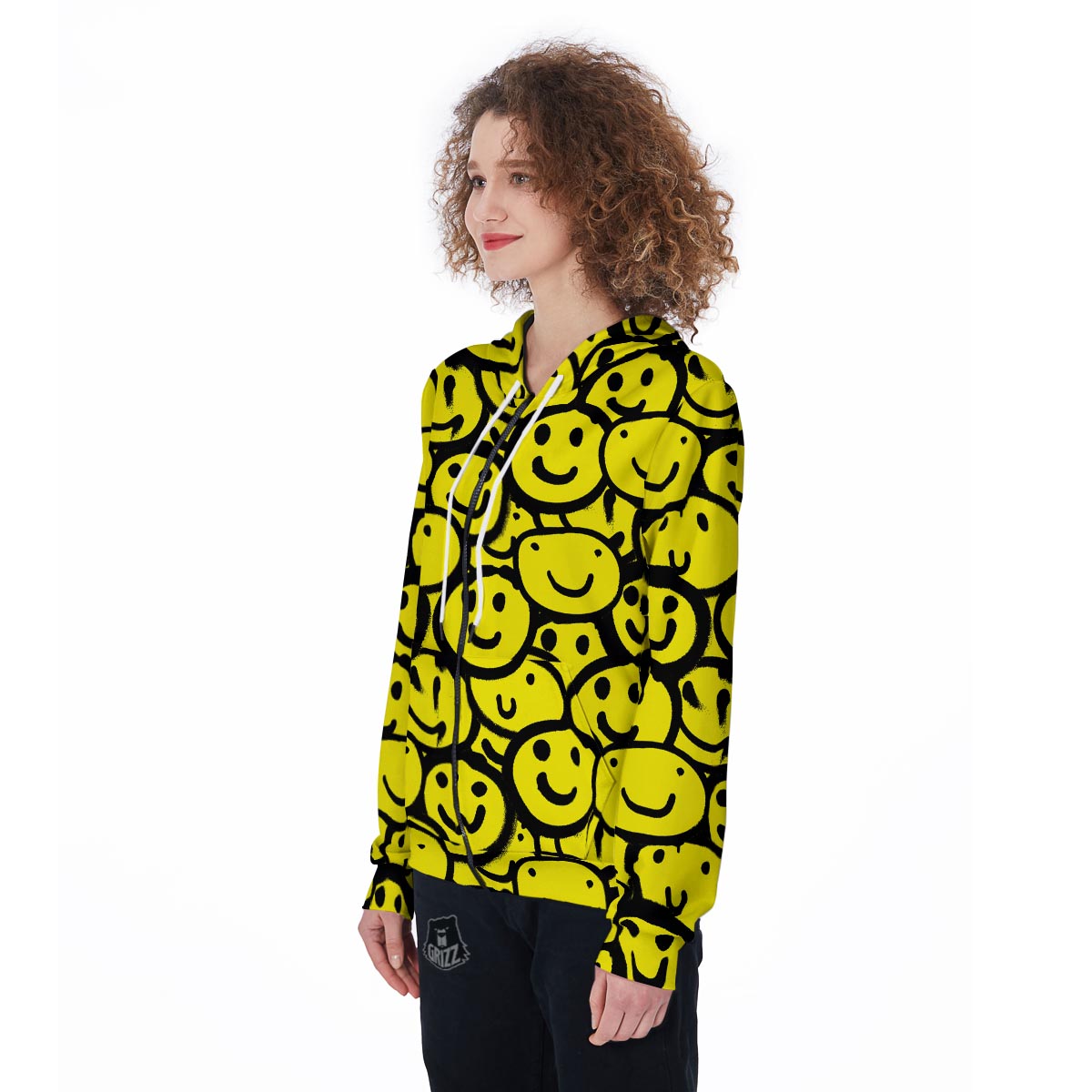 Graffiti Happy Emoji Print Women's Zip Up Hoodie-grizzshop