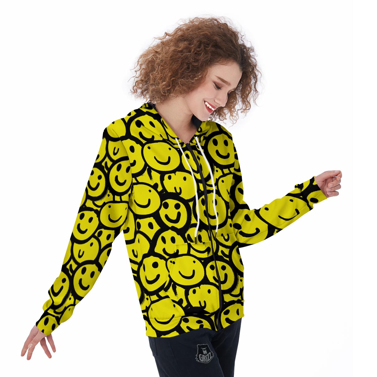 Graffiti Happy Emoji Print Women's Zip Up Hoodie-grizzshop