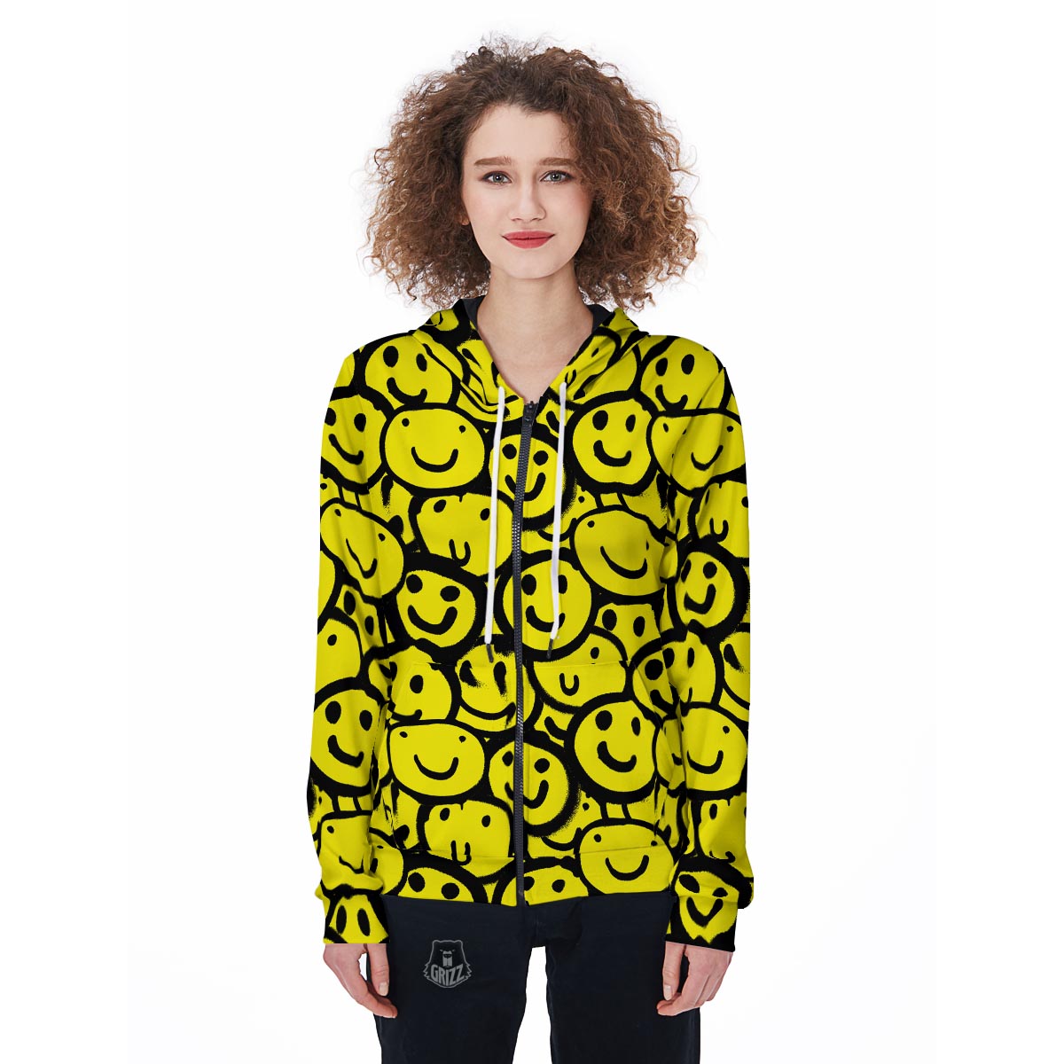 Graffiti Happy Emoji Print Women's Zip Up Hoodie-grizzshop