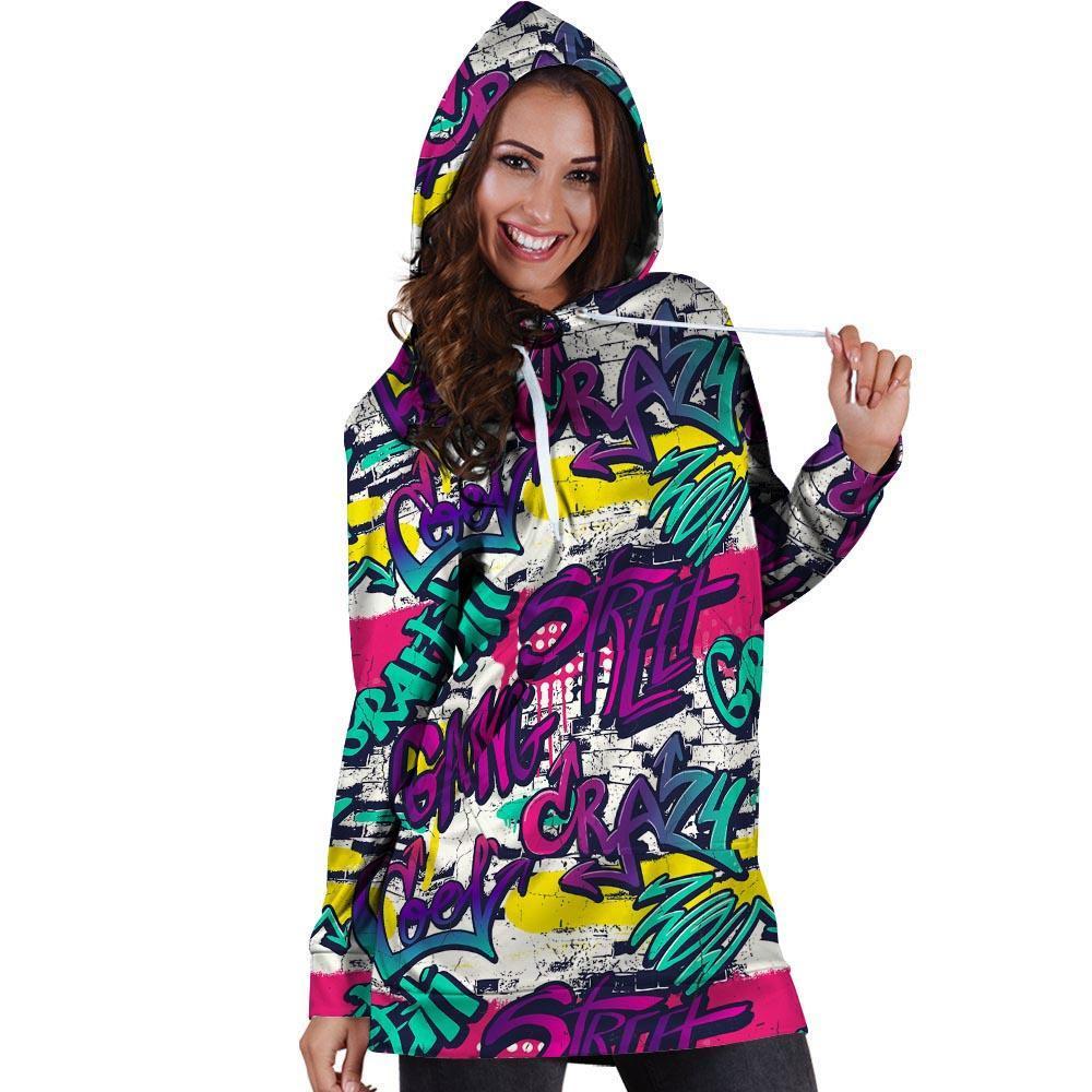 Graffiti Hiphop Print Hoodie Dress-grizzshop