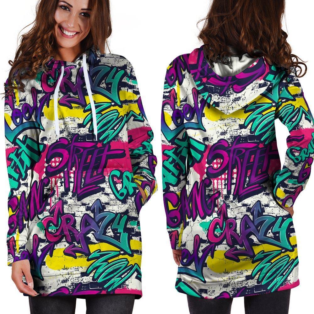 Graffiti Hiphop Print Hoodie Dress-grizzshop