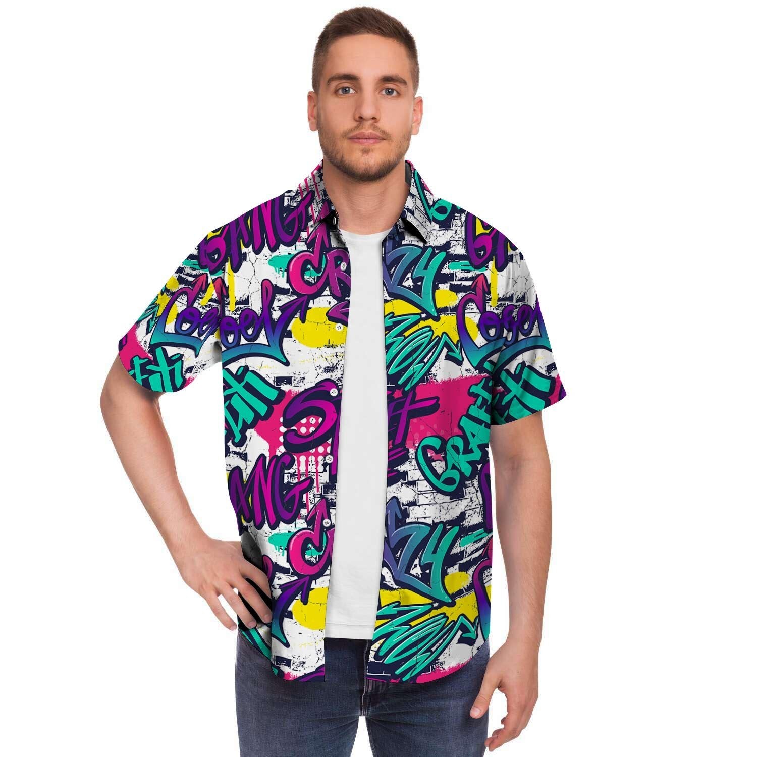 Graffiti Hiphop Print Men's Short Sleeve Shirt-grizzshop