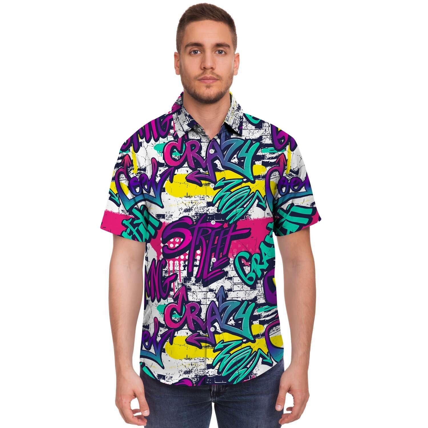 Graffiti Hiphop Print Men's Short Sleeve Shirt-grizzshop