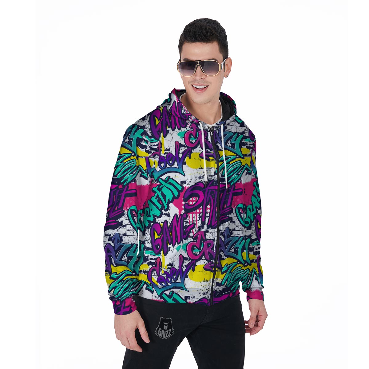 Graffiti Hiphop Print Men's Zip Up Hoodie-grizzshop