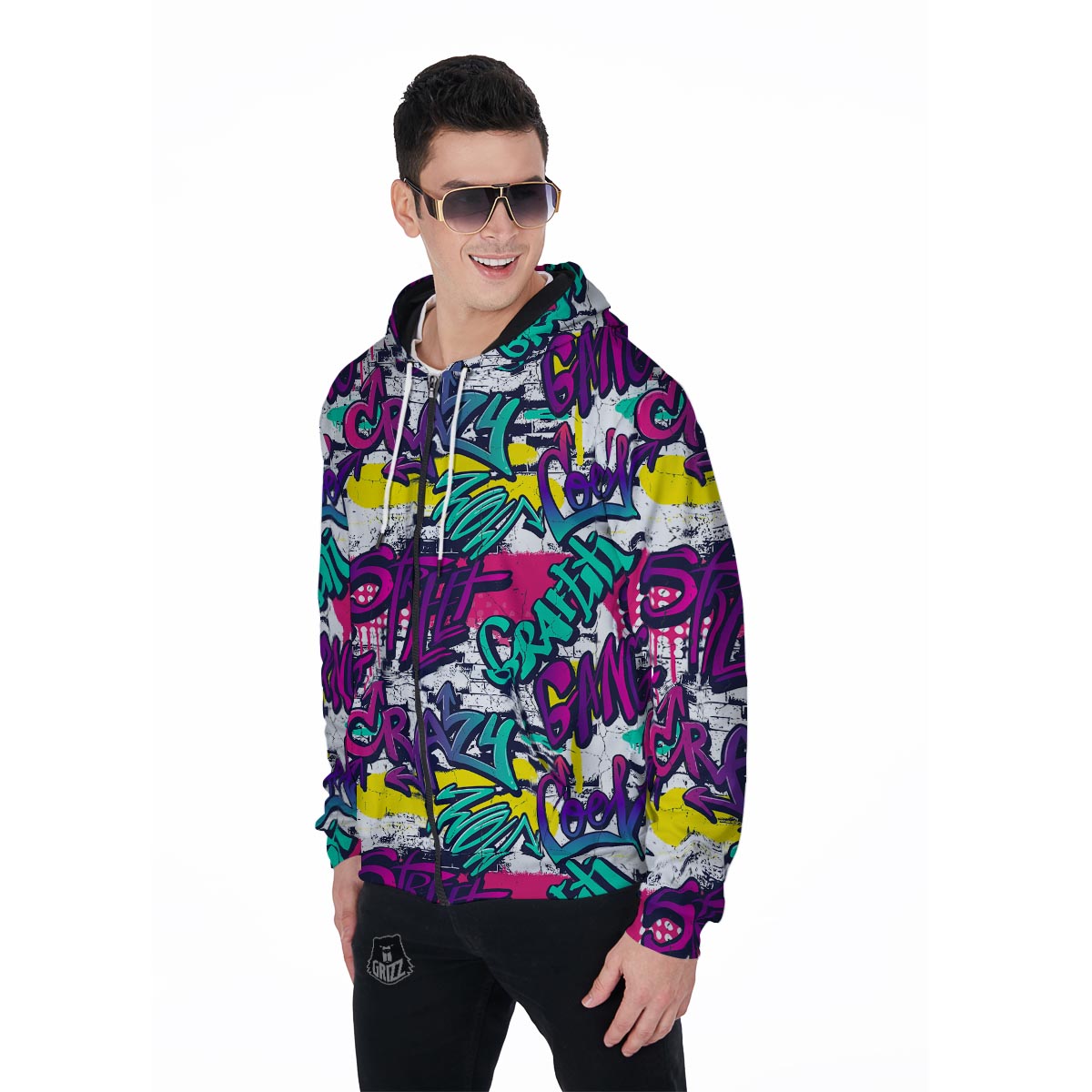 Graffiti Hiphop Print Men's Zip Up Hoodie-grizzshop